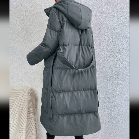 Solid Color Hooded Belted Long Padded Jacket - Picture 3 of 4